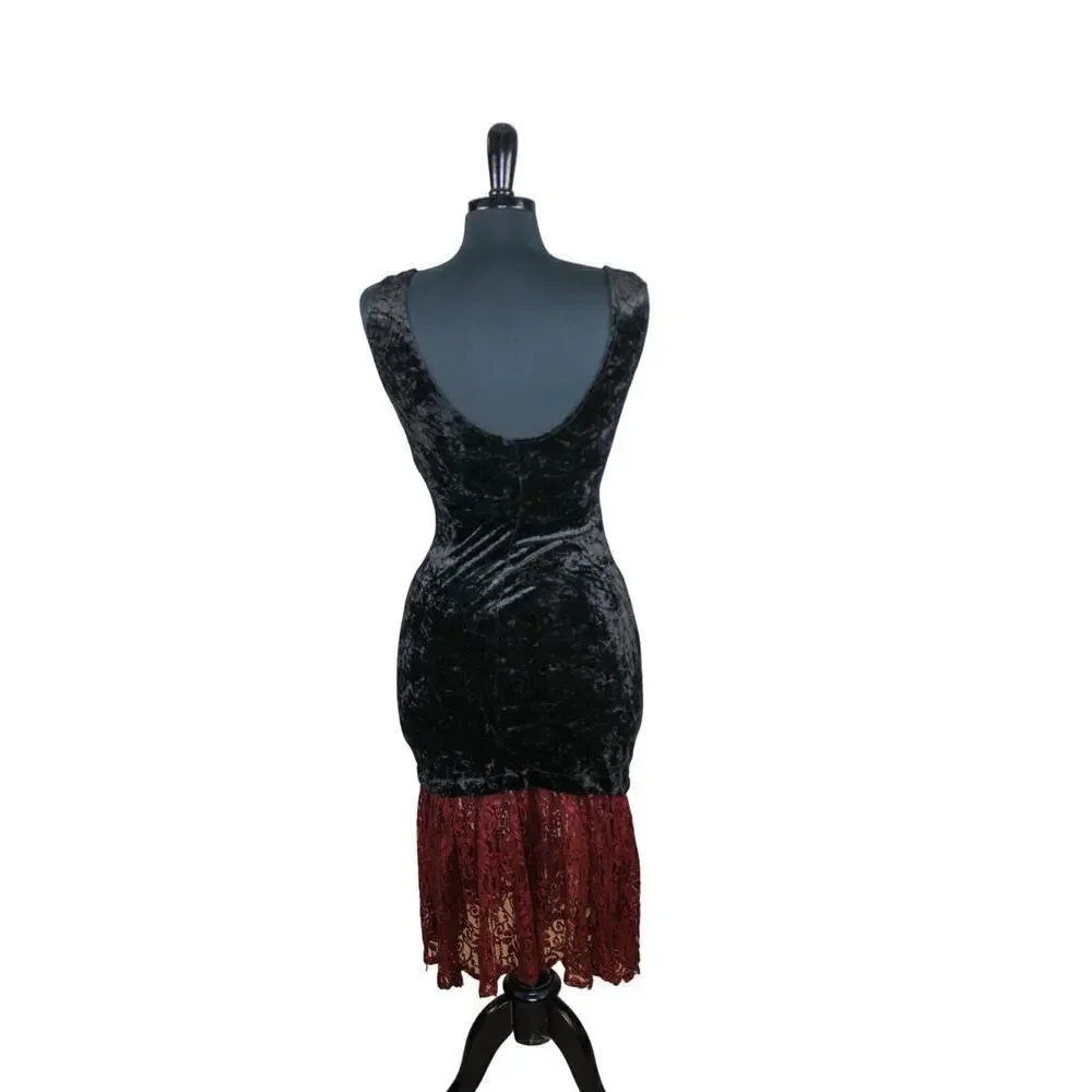 Vintage All That Jazz Black Dress Bodycon Black Velvet Burgundy Lace M